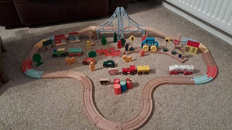 Wooden train/car track & accessories 