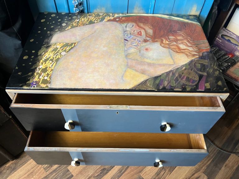 image for Mid Century Modern Little Drawer Cabinet By Hunt-Gustav Klimt Art Work-Chest Of Drawers