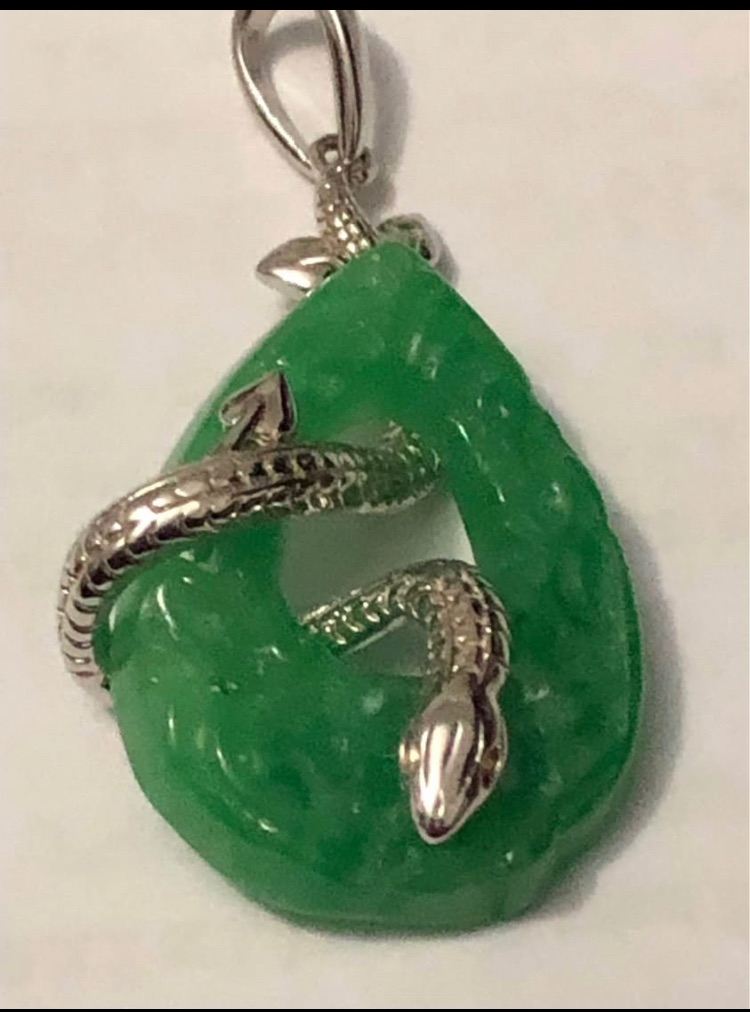 Beautiful Jade Teardrop Pendant with Silver Snake Design