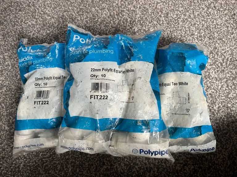 Polypipe 22mm Polyfit Equal Tee White - Qty 10, New