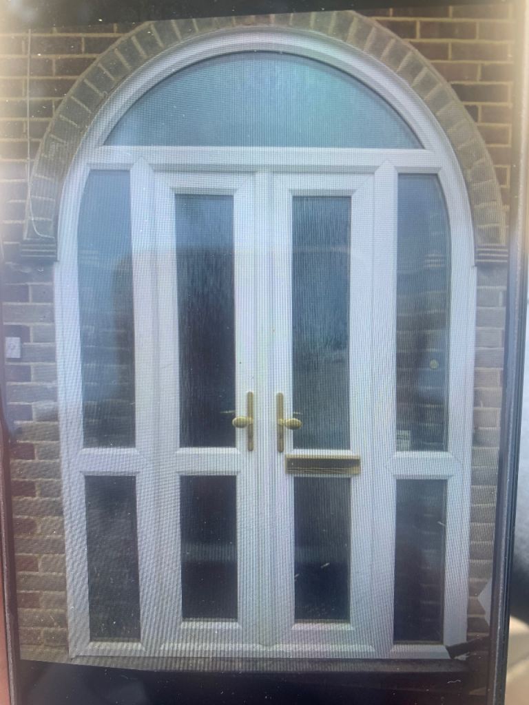 White UPVC Double Door Set with Arched Window