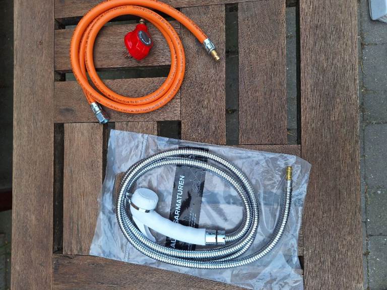 Outside gas hose BBQ with regulator and outside shower 