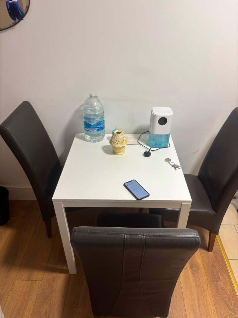White Dining Table & four Brown Chairs – Good Condition