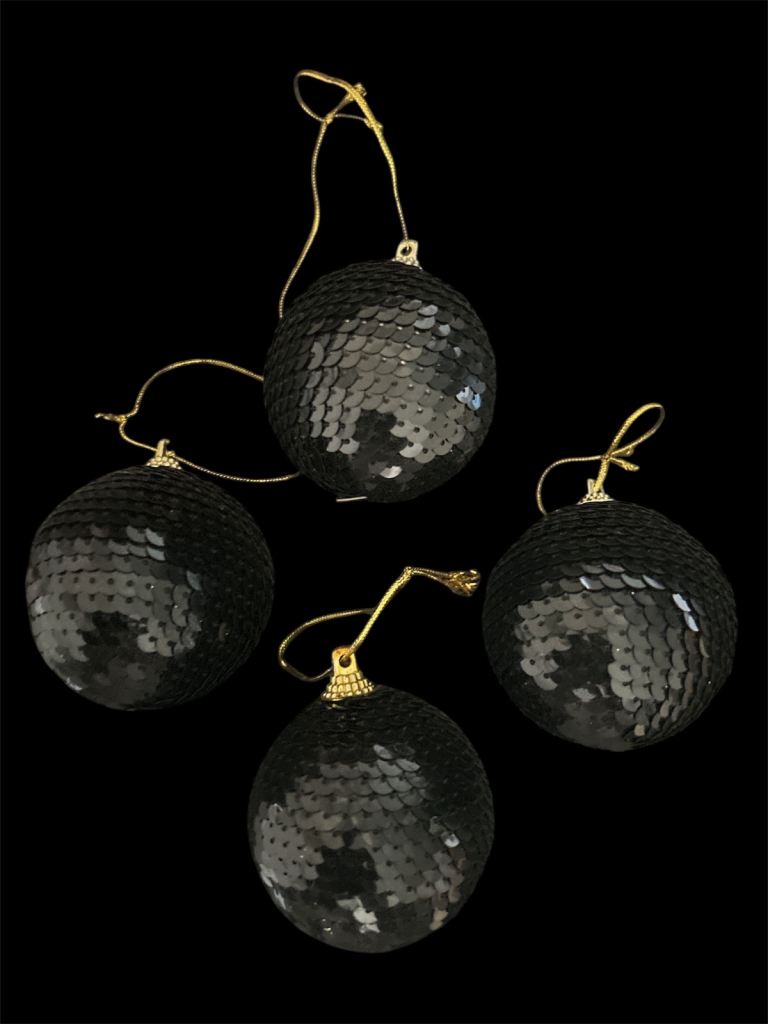4 Black Sequin Baubles Hanging Christmas Tree Decorations 7cm Diameter Xmas Decor