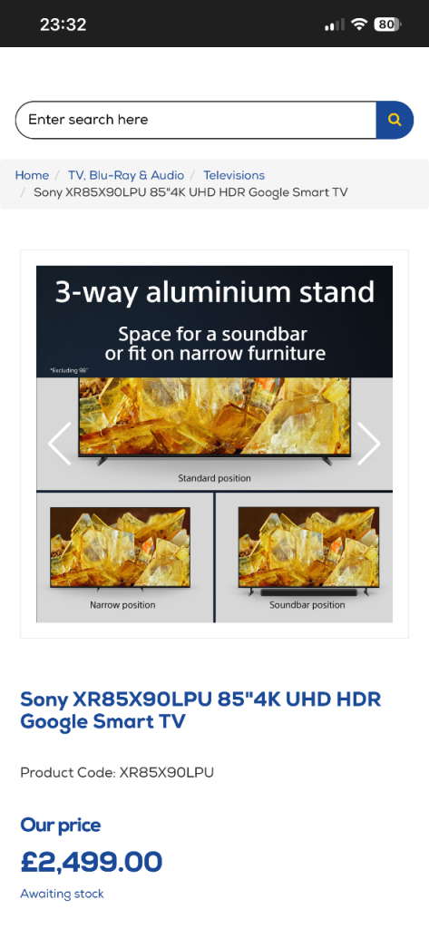 Sony XR85X90LPU 85-inch 4K HDR Full Array LED TV Ultra HD Smart Like New Retail £2499 Bargain