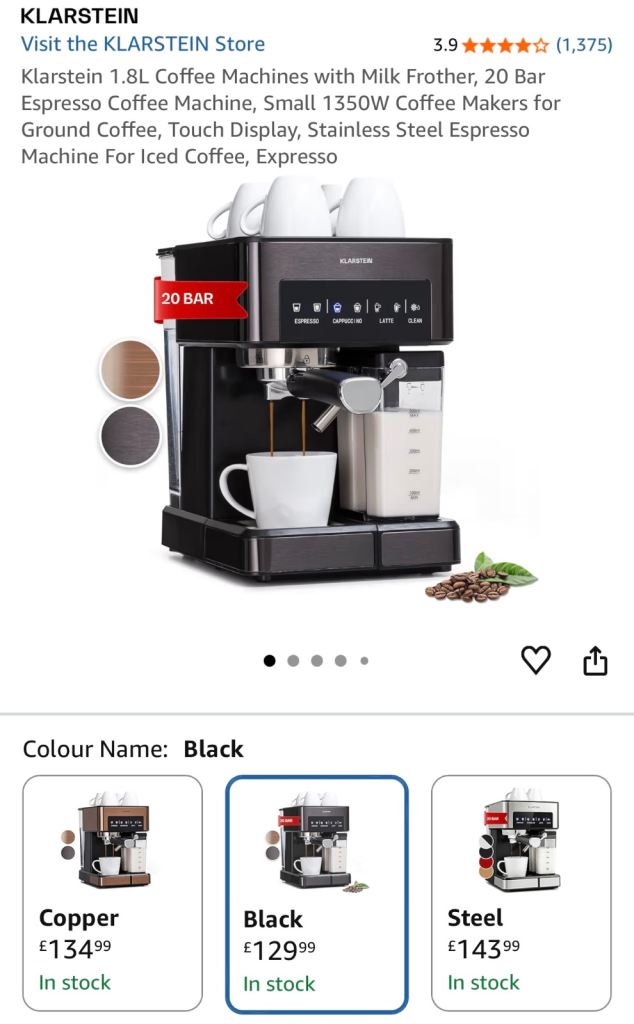 Klarstein Arabica Comfort Espresso Machine – Brand New