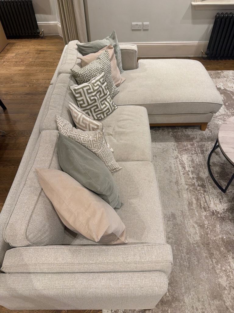 Dipley Oatmeal Woven Fabric Sofa, Grande Chaise Sofa Right Hand Facing (pillows included)