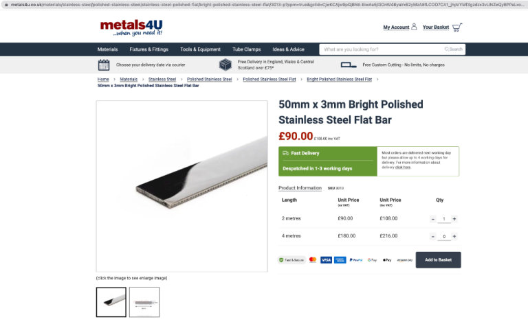 New 50mm x 3mm Bright Polished Stainless Steel Flat Bar 131cm RRP £108 collection e8