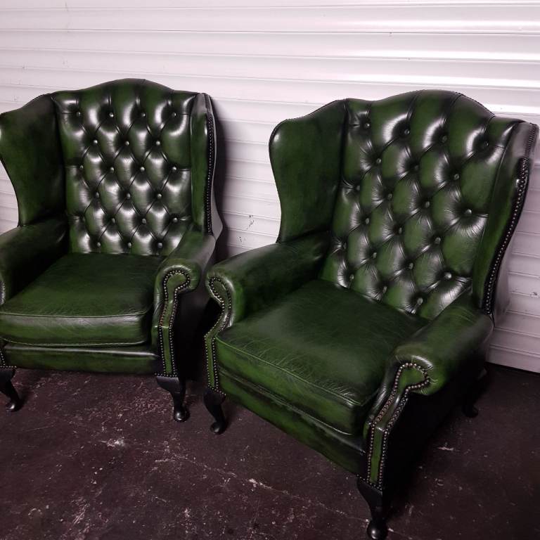MATCHING Pair Green Leather QUEEN ANNE Chesterfield Wingback arm chairs -FAB