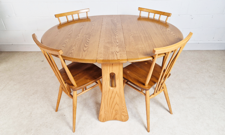 Ercol Vintage Mid Century Solid Elm Drop Leaf Table & Dining Chair Set PG185A