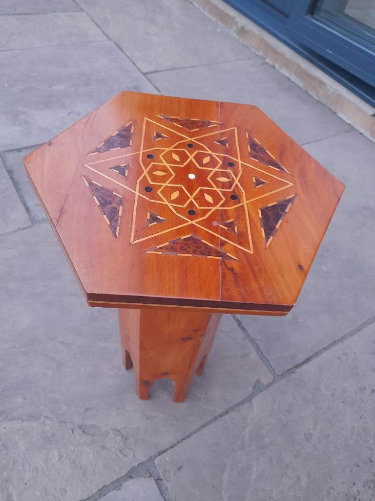 Small hexagonal Wooden Table with Inlay Design – Good Condition