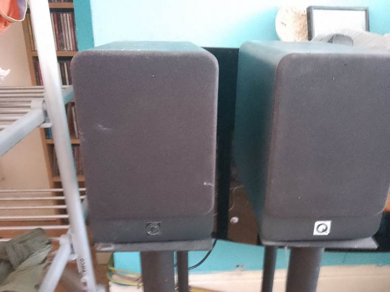 Q acoustics shelf speakers with mission floor stands