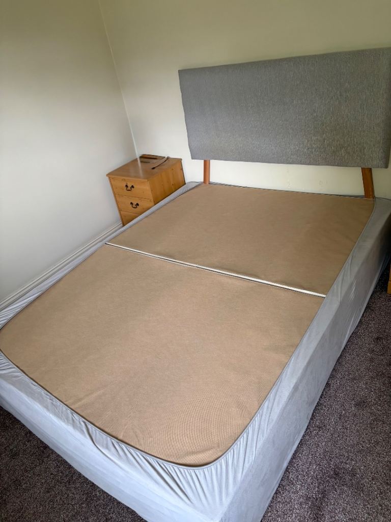 King Size Grey/Beige Divan Bed Base with Headboard – Good Condition