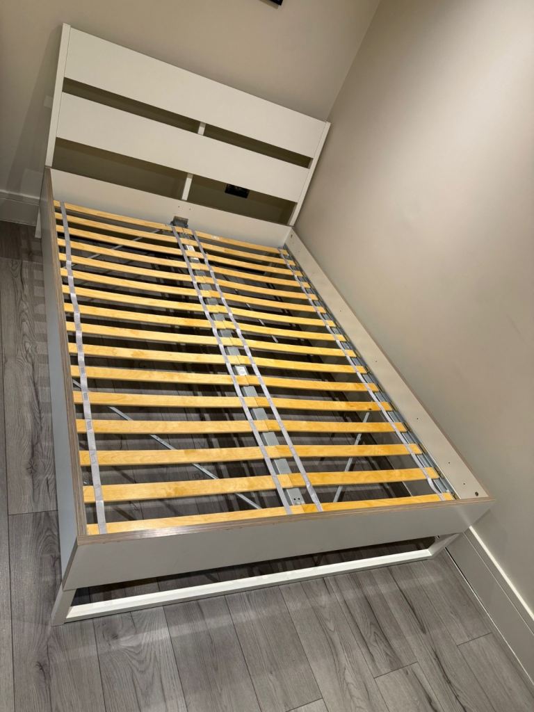 FREE DELIVERY IKEA wood Bed frame with mattress, white, Standard Double, in good condition.