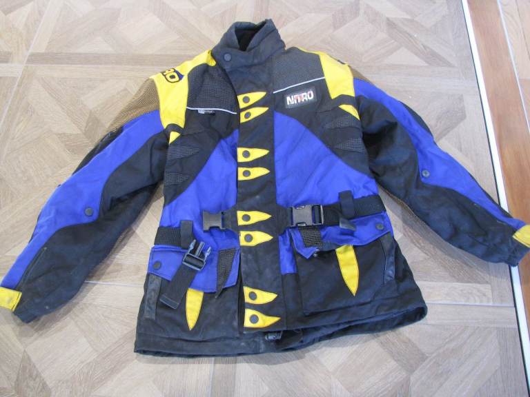 Nitro black, blue, yellow leather biker jacket