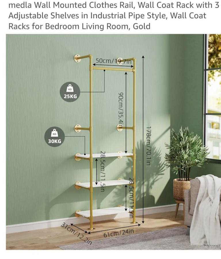 Medla Wall Mounted Clothes Rail with 3 Adjustable Shelves, Gold