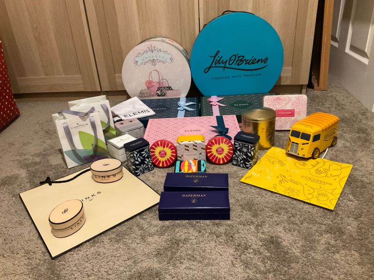 Collection of boxes, tins and bags, L’Occitane, Elemis, Chamilia and more