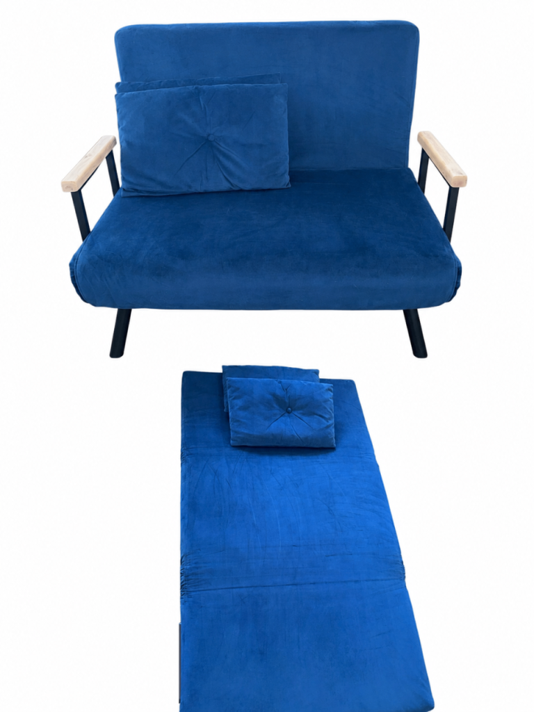 Blue Velvet Fold-Out Chair/Small Sofa Bed – Good Condition