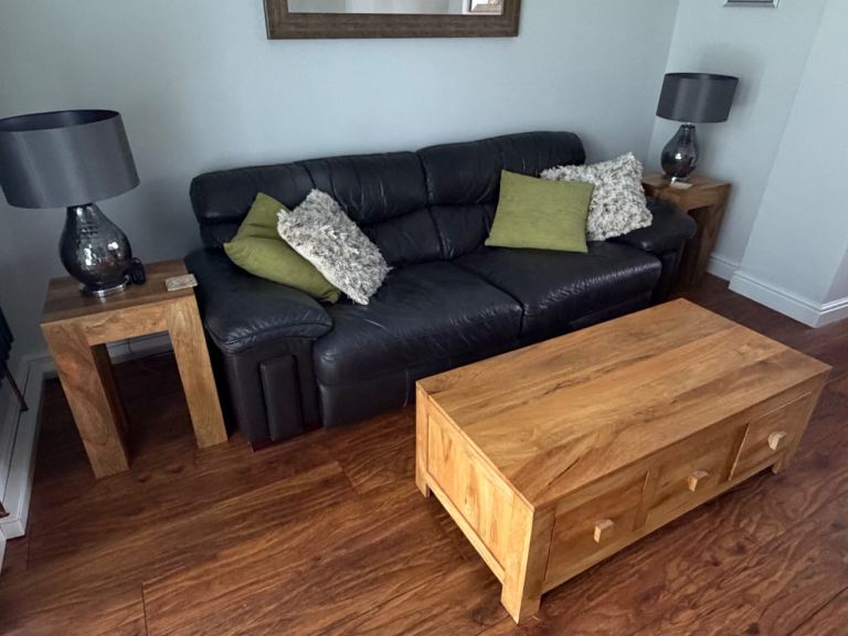 Dark brown leather 3 piece sofa and arm chair 