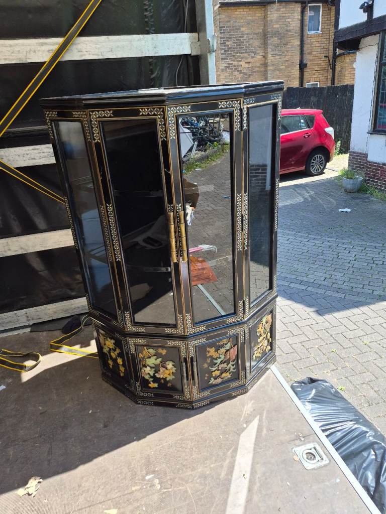 1970s chinese Black Corner Display Cabinet with Glass Doors