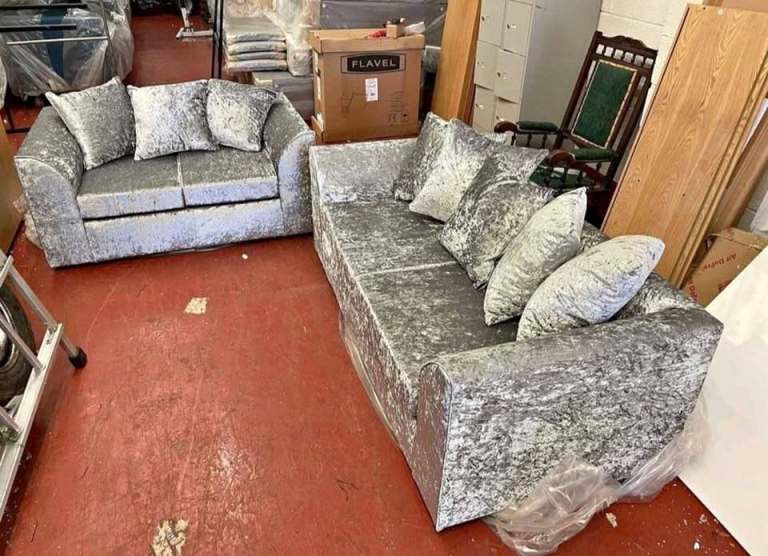 Crushed Velvet Grey Sofa and Loveseat Set – Brand New