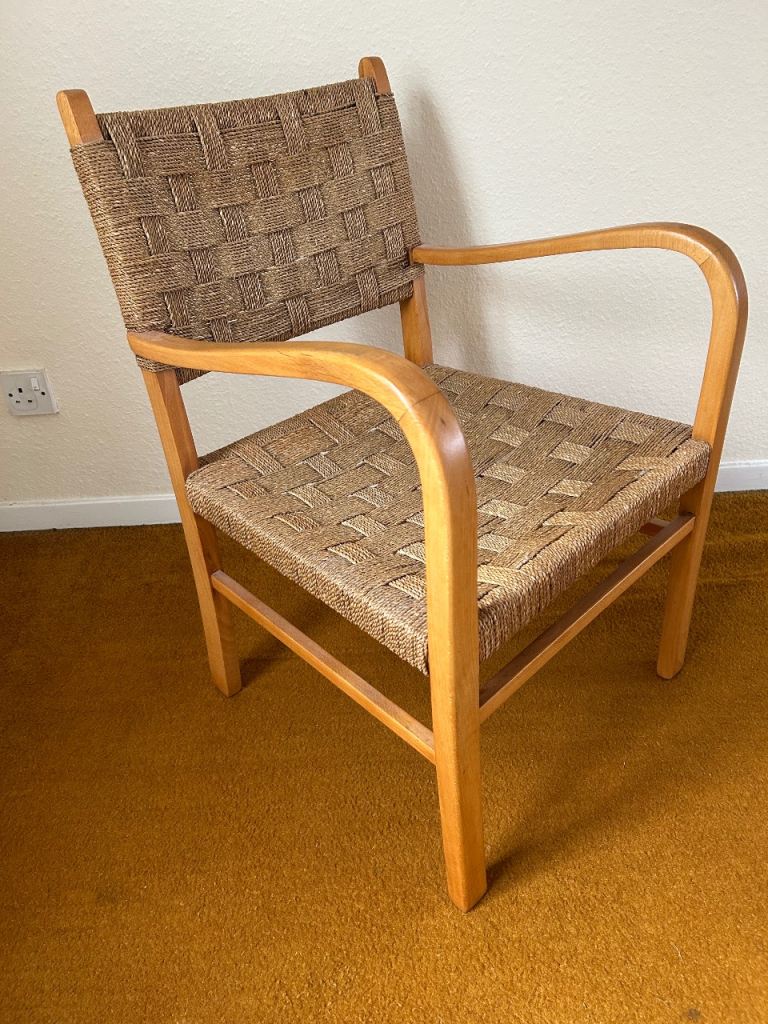 Mid Century Modern Vintage Wooden Armchair with Woven Seat and Back
