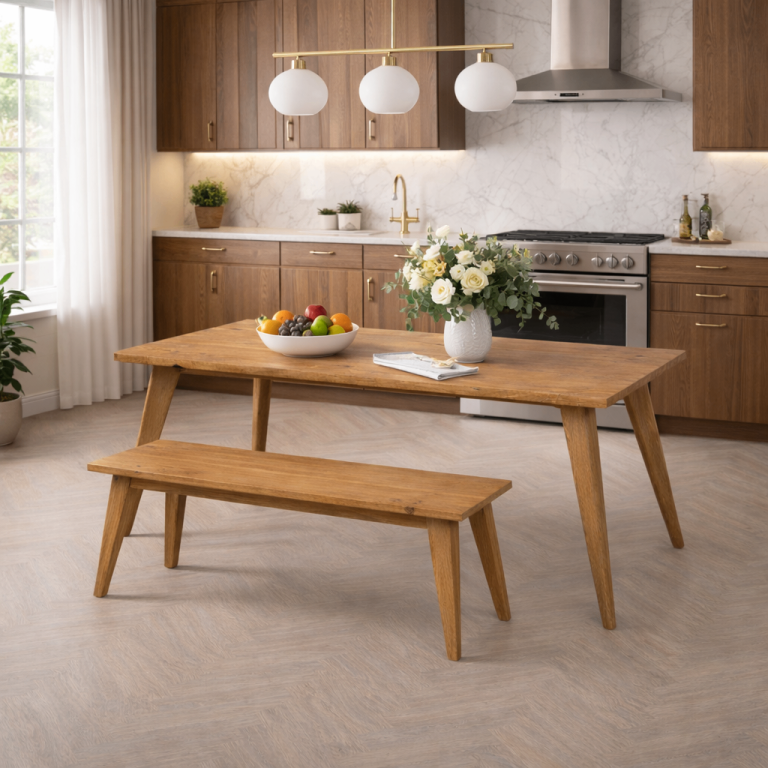 Nordic Tapered Leg Rustic Dining Table and Bench Set - Free Delivery
