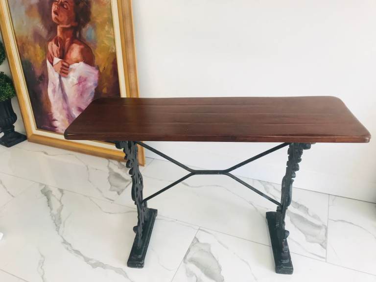 SOLID WOOD CONSOLE SIDE TABLE WITH CAST IRON STAND