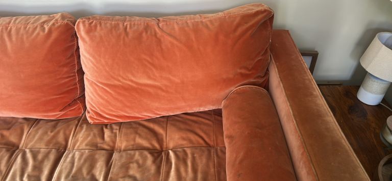 Orange Velvet Sofa – Good Condition, Two-Seater
