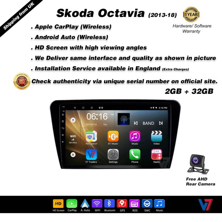 SKODA OCTAVIA 2013-18 CARPLAY Android Auto HD Screen Head Unit GPS Stereo LCD Panel V7