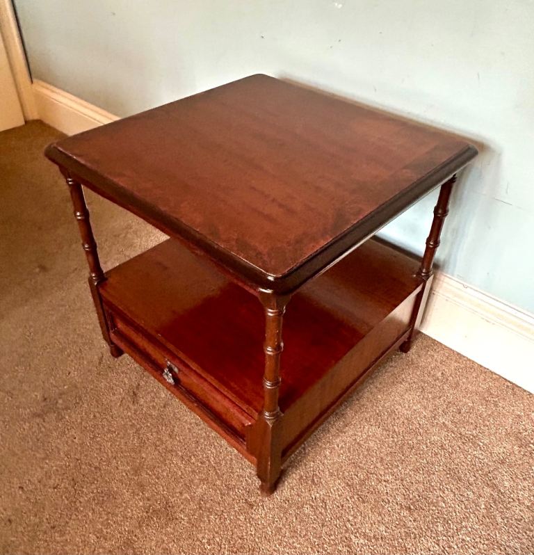 Vintage Mahogany Square Coffee Table with Drawer at Base and Shelf  H19in/48cm W/D20in/51cm  J158