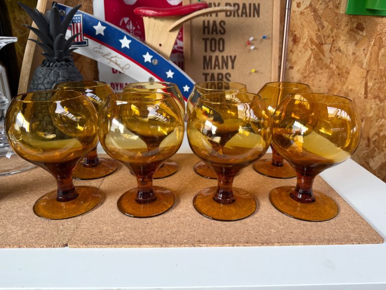 8 Amber Vintage Rummer Glasses