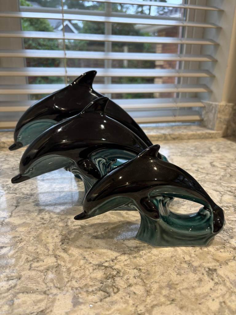 Poole Pottery dolphins on a wave set of 3 ceramic figurines in perfect condition