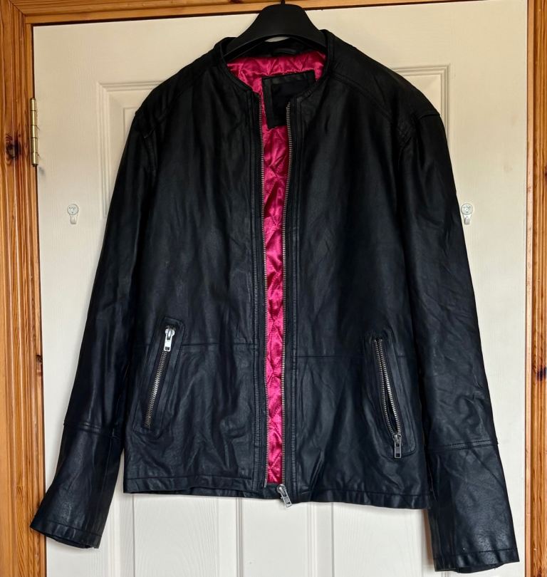 Barneys Originals Black Real Leather Jacket - Pink Quilted Lining - Size M