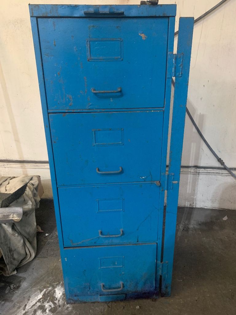 Vintage lockable metal tool storage cabinet