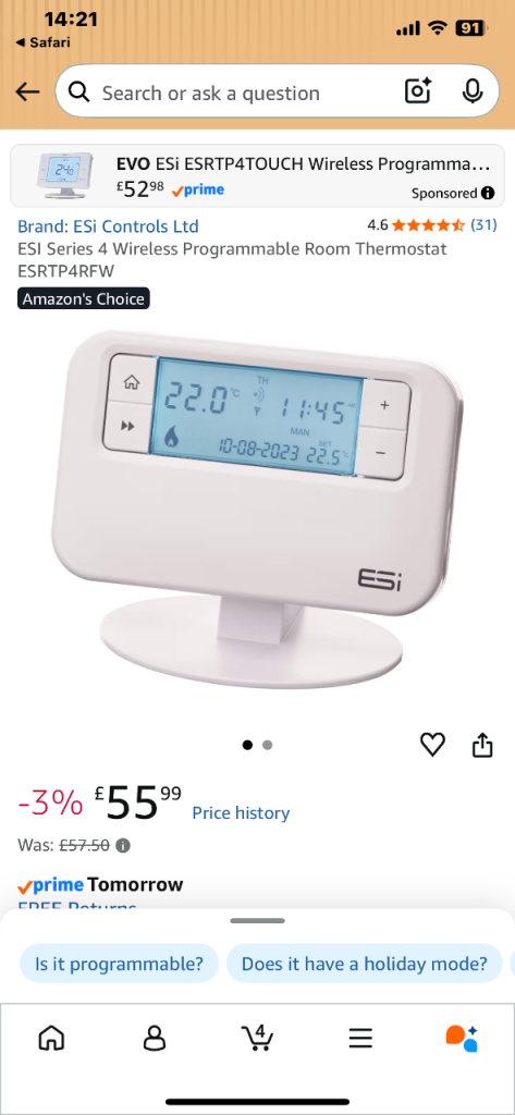 £20 BRAND NEW Programmable Room Thermostat. ESI Series 4 Wireless ESRTP4RFW