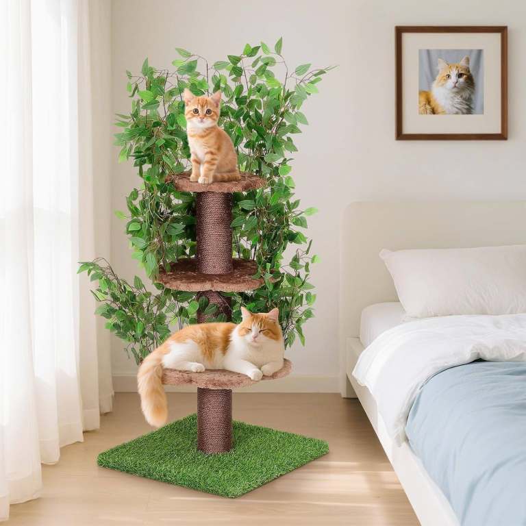 1.5m 3 Platform Cat Tree Tower Scratching Post Simulated Branches & Leaves Sisal Posts