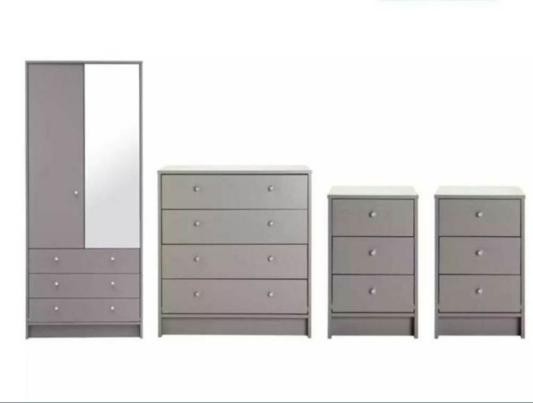 New Grey Bedroom Furniture Set - Wardrobe, Chest of Drawers, Bedside Cabinets