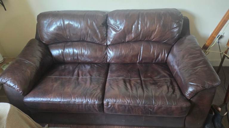 FREE - Brown leather sofa in great condition and light brown lovers chair in ok condition 