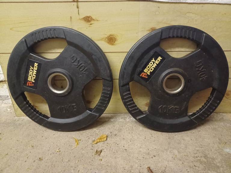 2 x 10KG RUBBER TRI GRIP BODY POWER OLYMPIC WEIGHTS PLATES - 2 Inch Holes