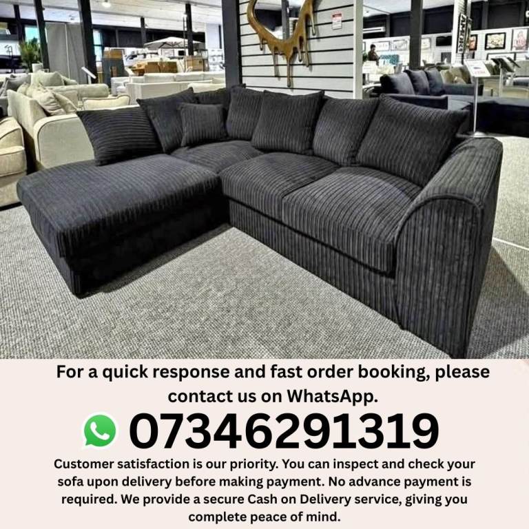 New Corner Sofa Set – Grey Jumbo Cord Fabric
