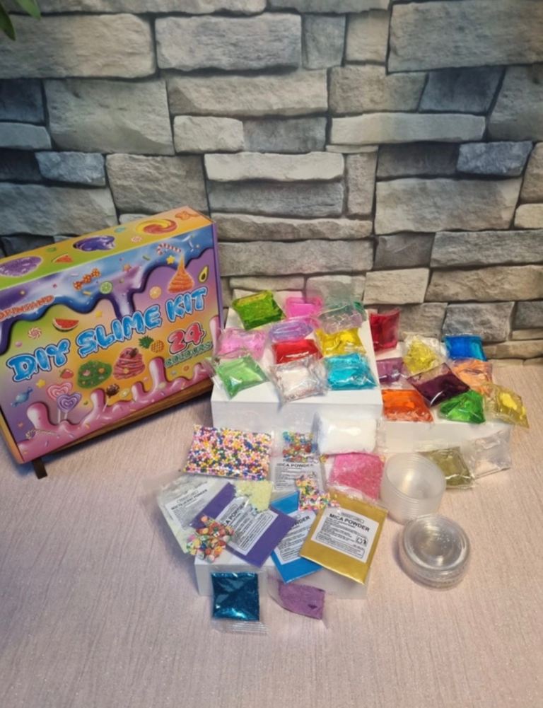 DIY Slime Kit Craft Set 24 Pack With Mica Powder, Foam Beads & Containers