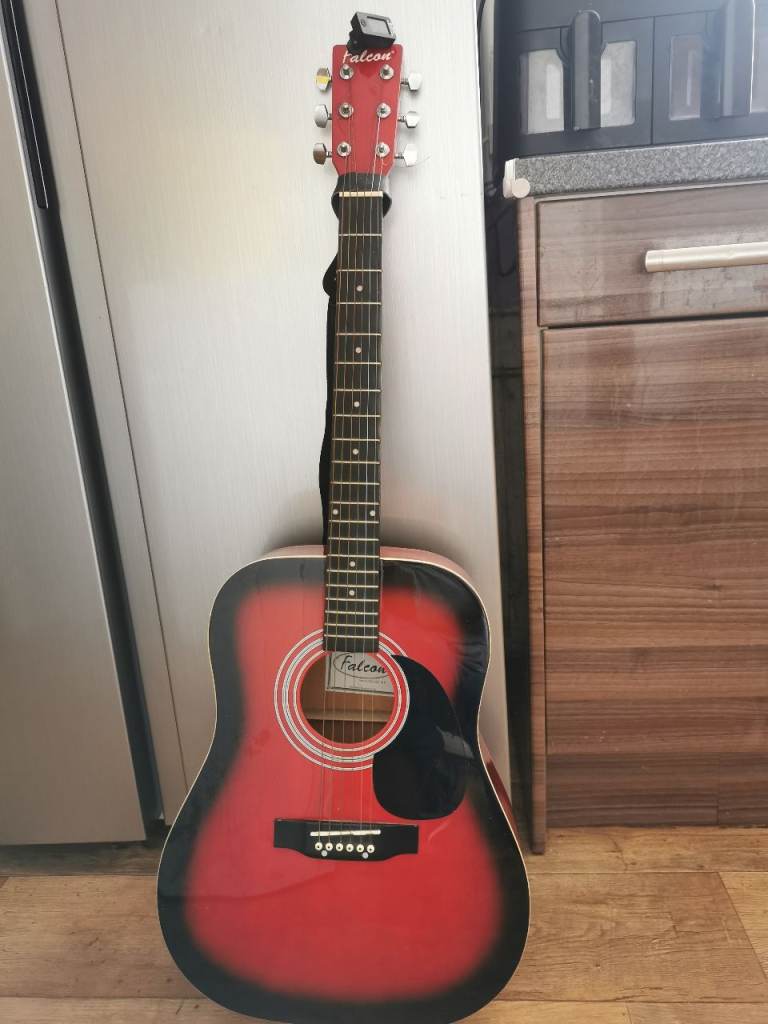 Falcon Acoustic Guitar – Red and Black, Good Condition