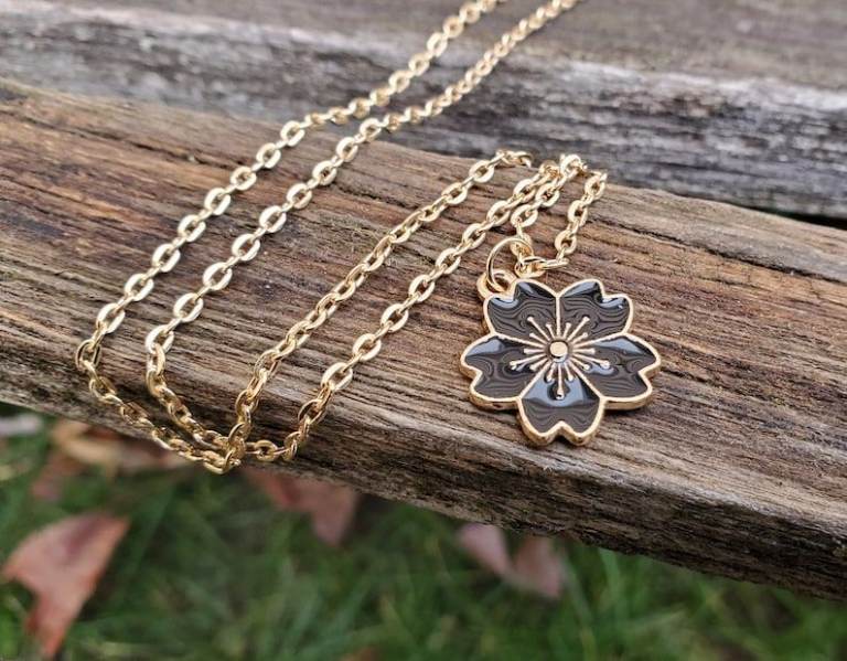 Sakura Cherry Blossom Necklace – Gold with Black Enamel Flower