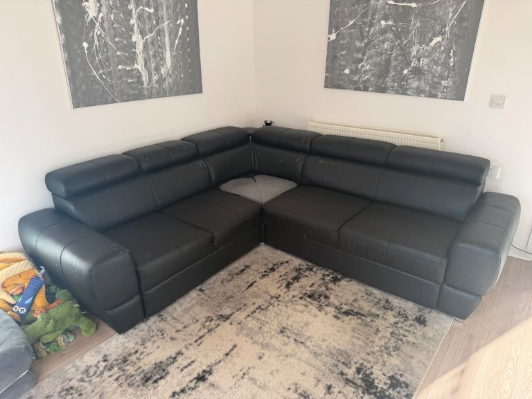 L-Shape Sofa Bed with storage black eco leather