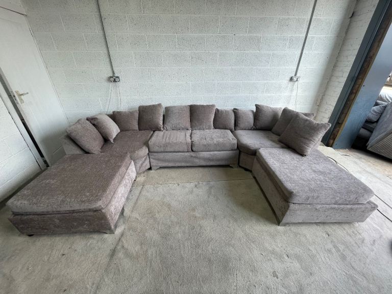 Large Grey Fabric U-Shaped Sofa with Chaise Lounges