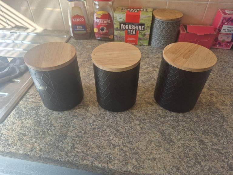 Set of 3 Black Kitchen Storage Canisters with Wooden Lids