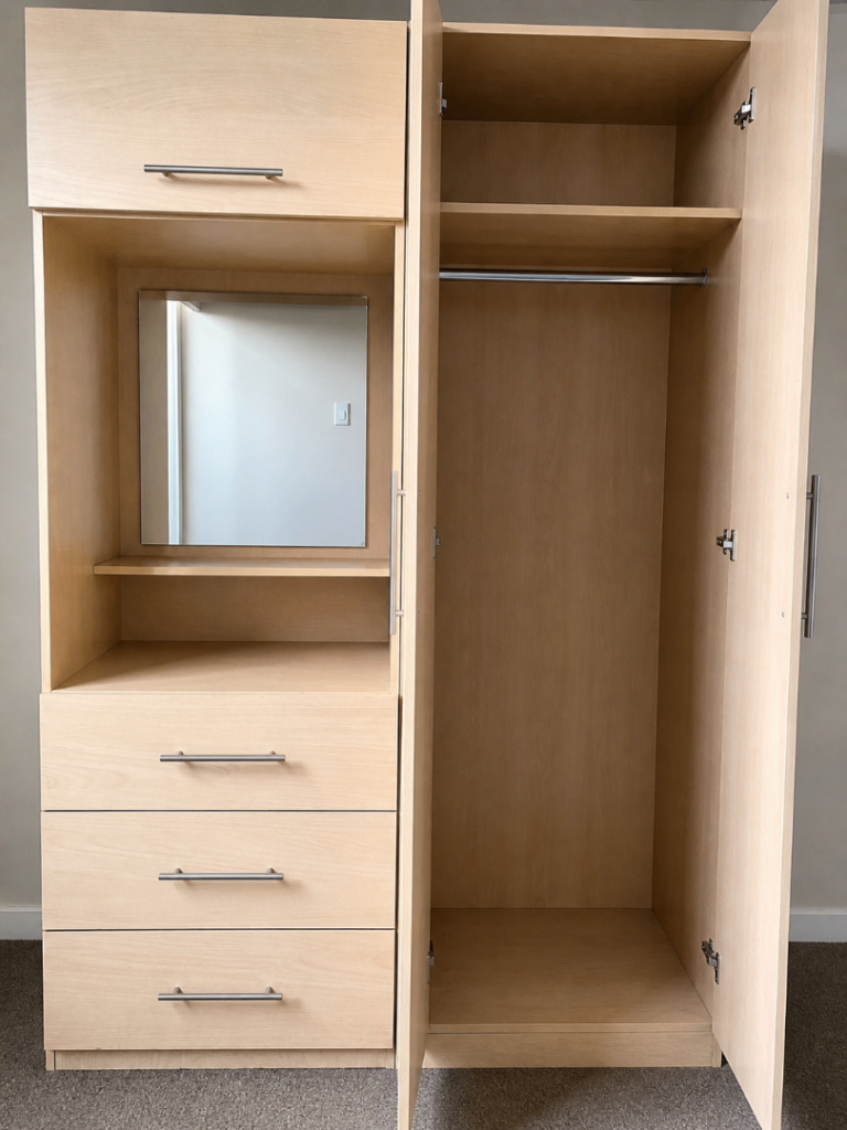 Light Wood Wardrobe with Drawers and Mirror