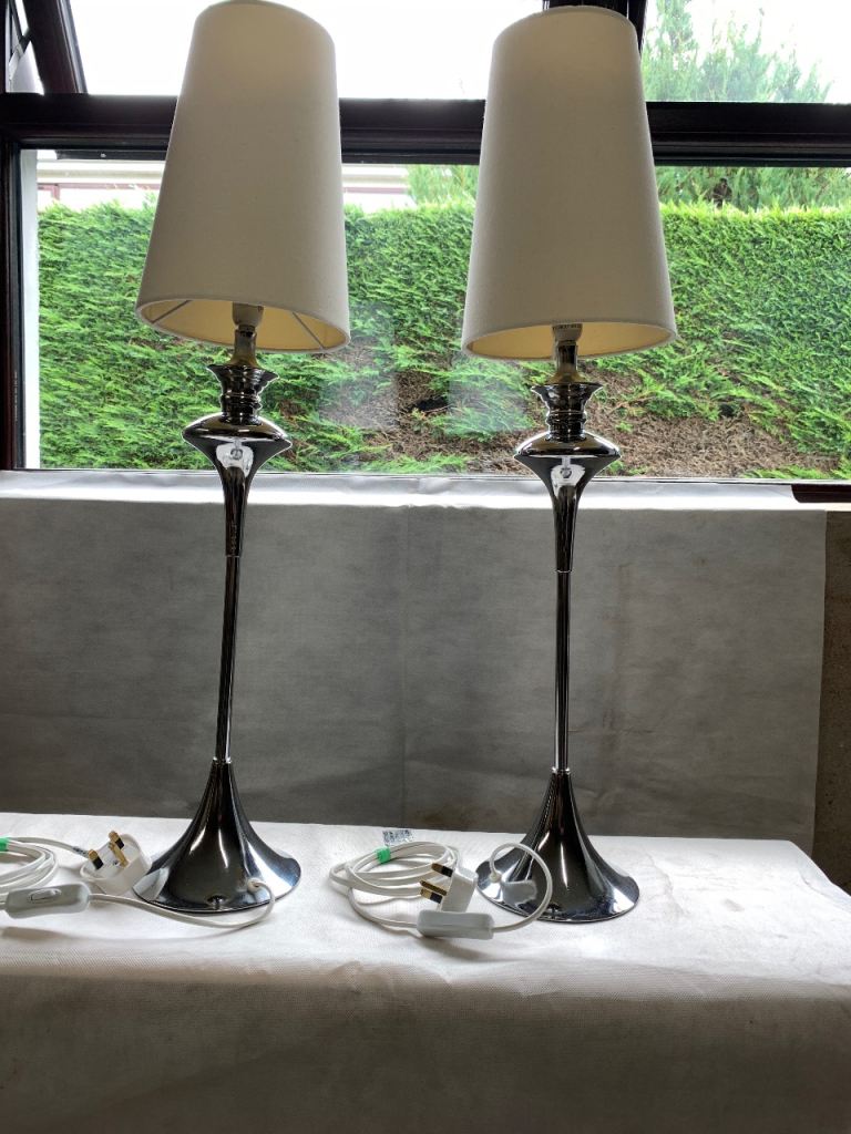 Pair of Tall Chrome Table Lamps with Cream Shades