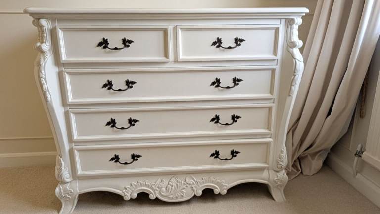 White Chest of Drawers with Ornate Handles – Good Condition